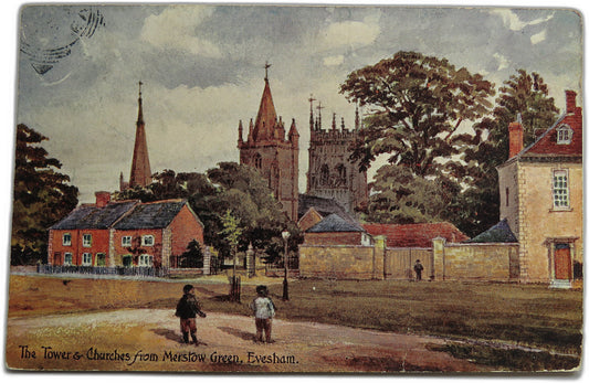 Vintage Postcard of The Tower & Churches from Merstow Green, Evesham, 1908