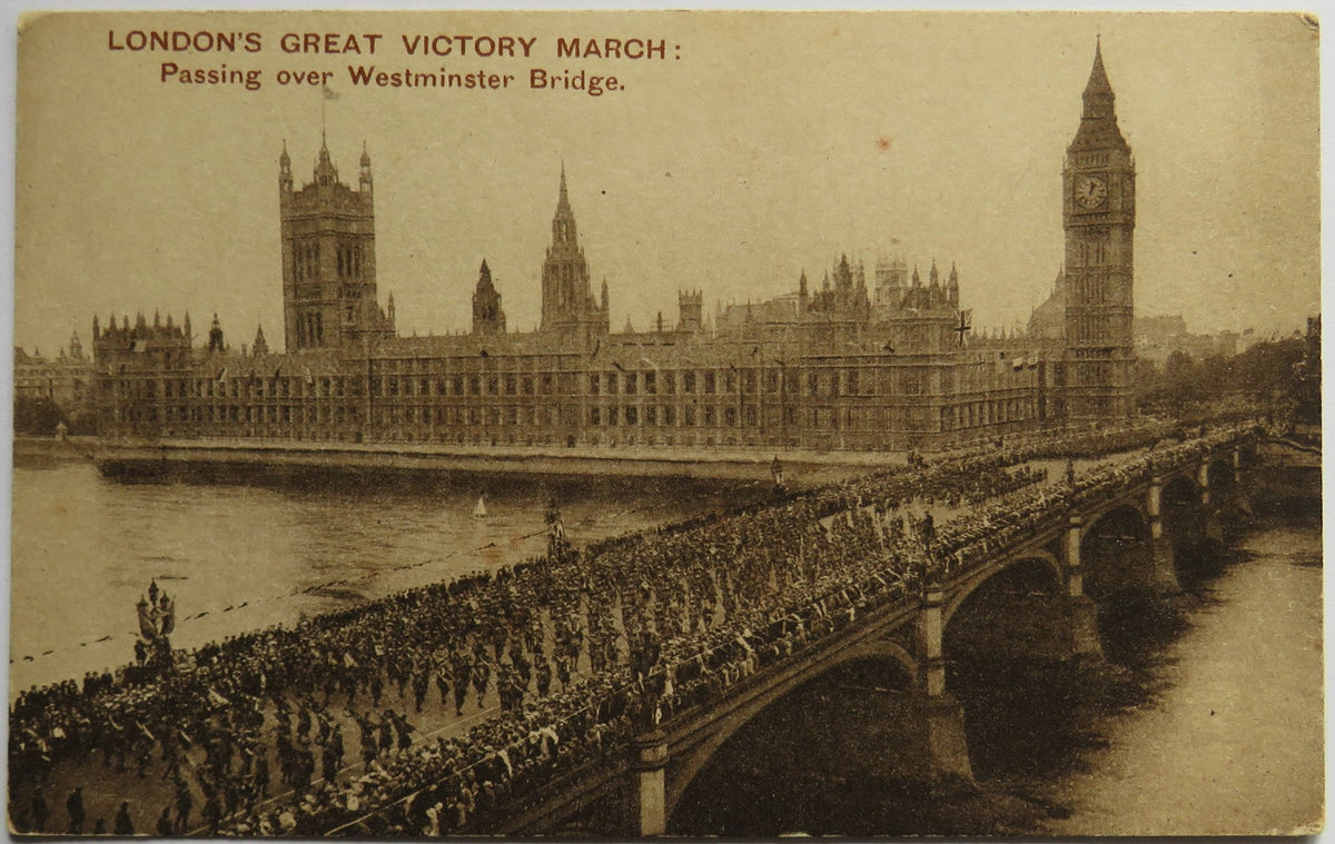 Vintage Postcard of London's Great Victory March: Passing Over Westminster Bridge