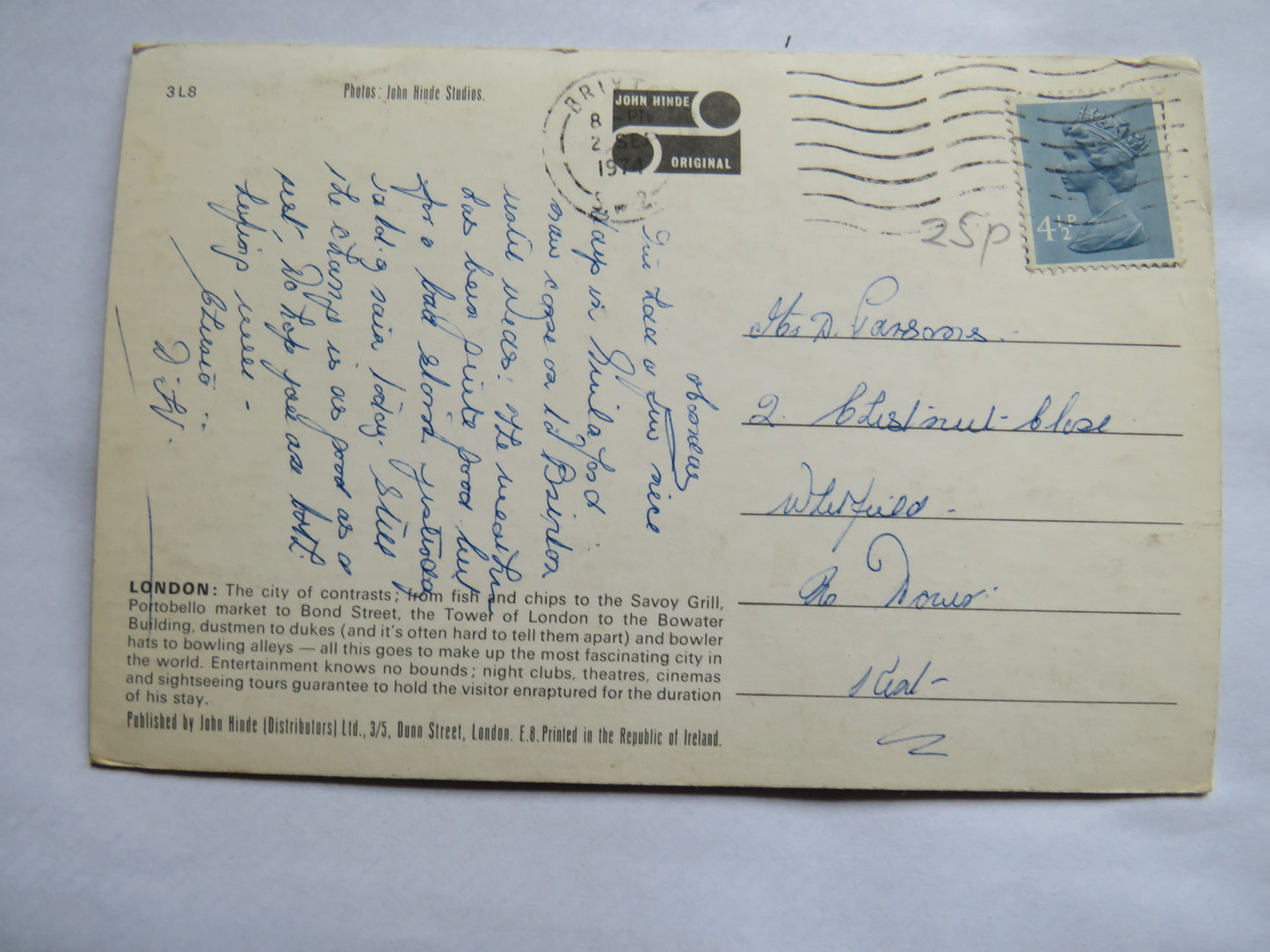 Vintage Postcard of Greetings From London 1974