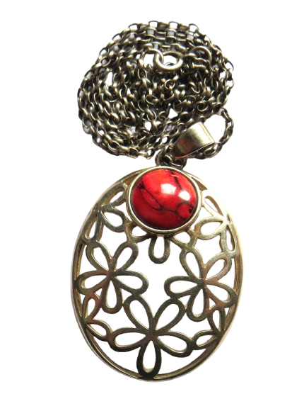 Stylish Ladies Floral Sterling Silver Necklace & Red Stone Pendant