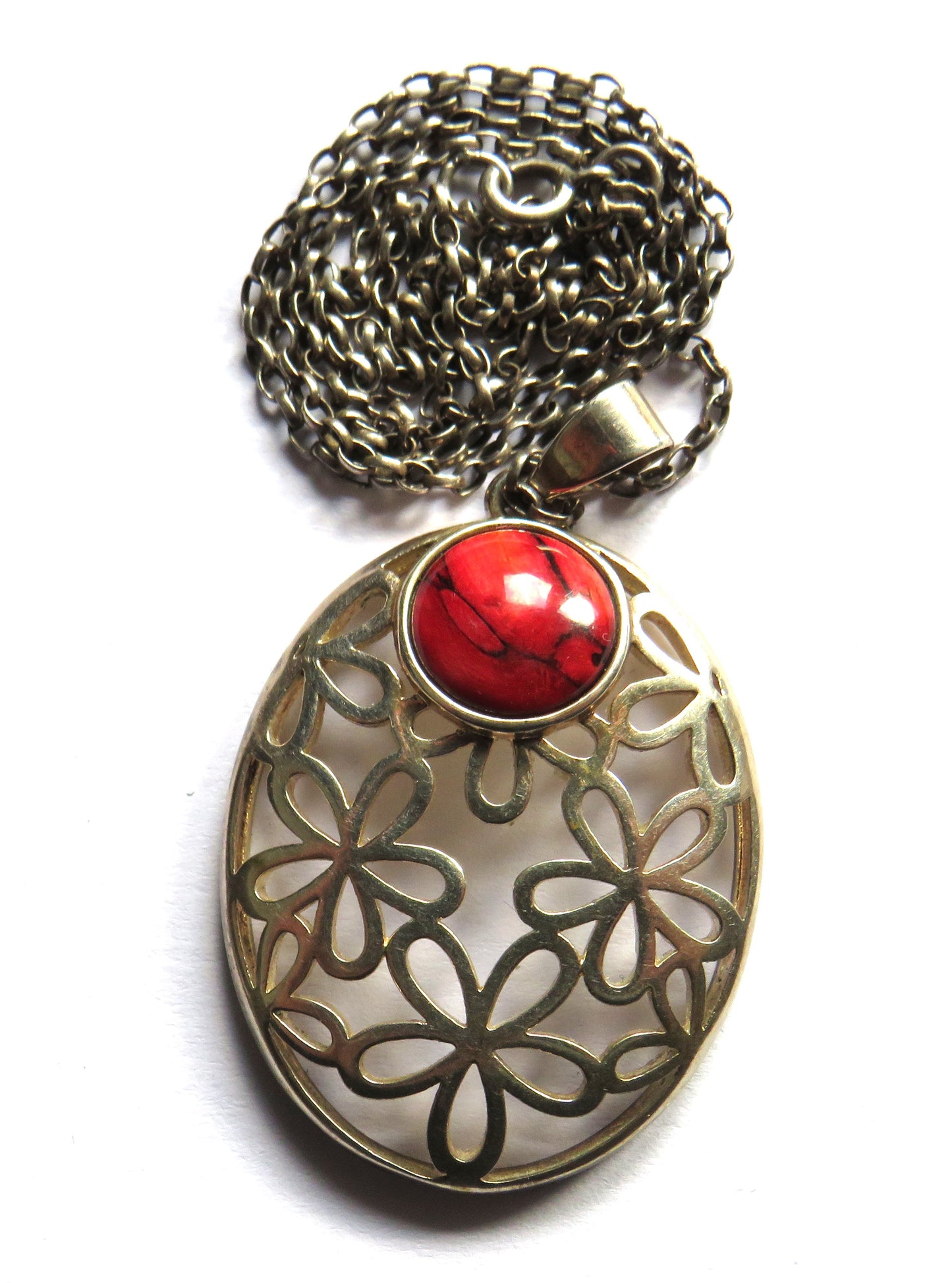 Stylish Ladies Floral Sterling Silver Necklace & Red Stone Pendant