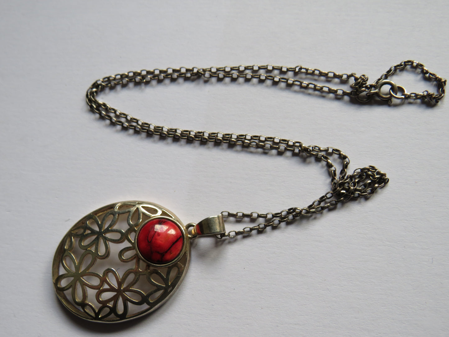 Stylish Ladies Floral Sterling Silver Necklace & Red Stone Pendant