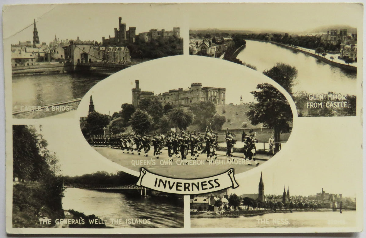 Vintage Multiview Postcard of Inverness including Queen's Own Cameron Highlanders, Valentine's Series