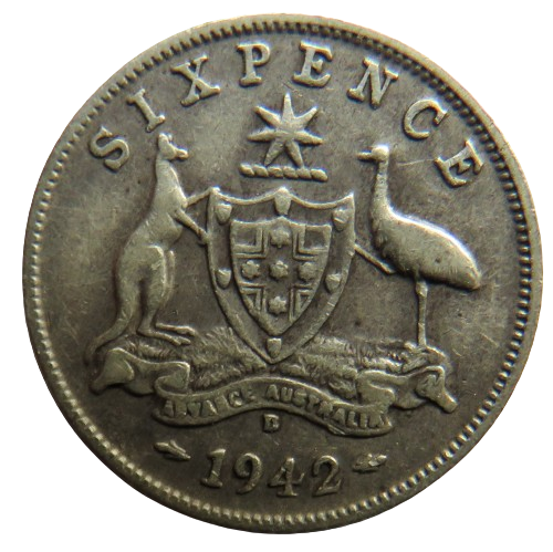 1942 King George VI Australia Silver Sixpence Coin