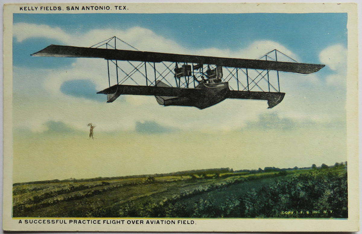 Vintage Postcard of Kelly Fields, San Antonio, Tex - Successful Practice Flight Over Aviation Field
