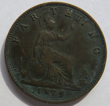 Load image into Gallery viewer, 1879 Queen Victoria Bun Head Farthing Coin - Great Britain
