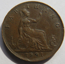 Load image into Gallery viewer, 1891 Queen Victoria Bun Head Farthing Coin - Great Britain
