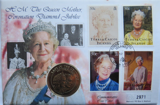 1997 Turks and Caicos Islands 5 Crowns Coin The Queen Mother Coronation Diamond Jubilee