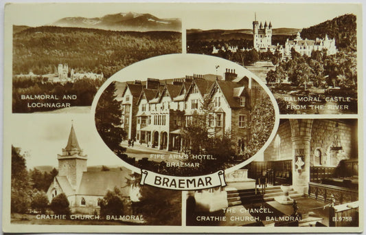 Vintage Multiview Postcard of Braemar including Fife Arms Hotel, Balmoral and Lochnagar image 1