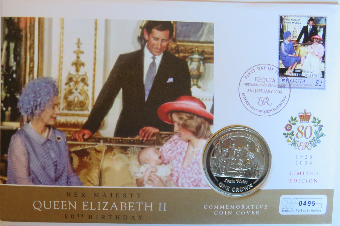2005 Gibraltar One Crown Coin & Stamp Cover Queen Elizabeth 80th Birthday 2006