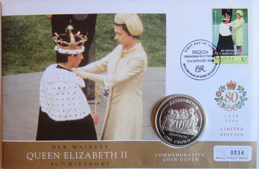 2005 Gibraltar One Crown Coin & Stamp Cover Queen Elizabeth 80th Birthday