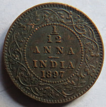 Load image into Gallery viewer, 1897 Queen Victoria India 1/12th Anna Coin
