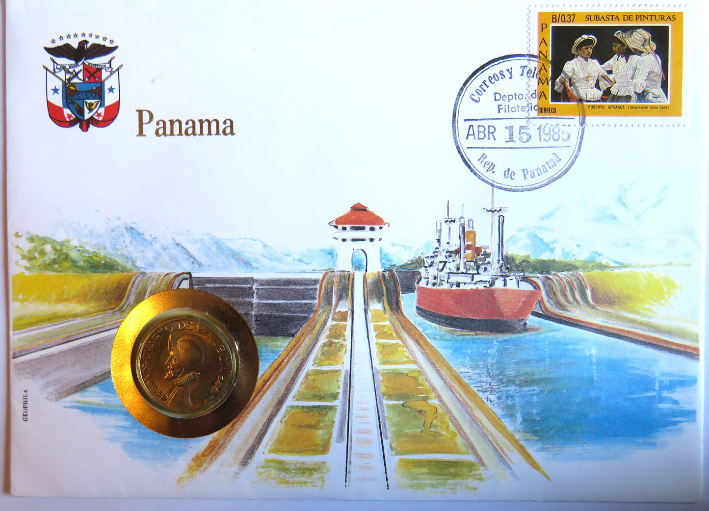 1985 Panama Commemorative Coin & Stamp Cover With 1983 Coin