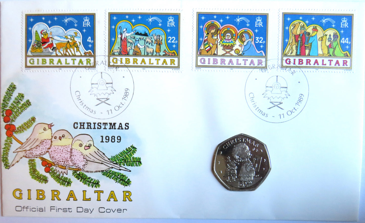 Christmas 1989 Gibraltar 50p Fifty Pence Coin Cover