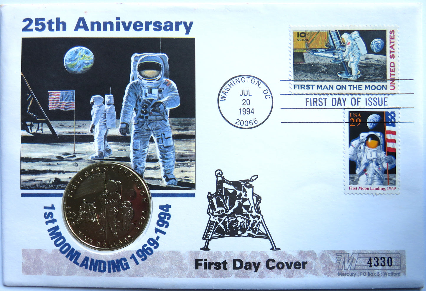 1994 Marshall Islands $5 Coin Cover Moon Landing 25th University