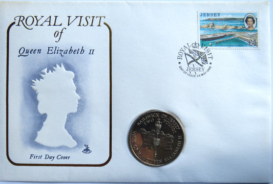 1989 Jersey £2 Two Pound Coin Cover Royal Visit of Queen Elizabeth II