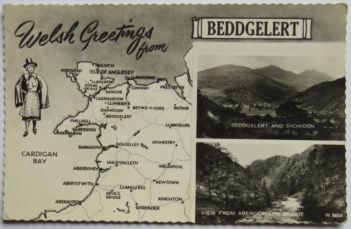 Vintage Postcard of Welsh Greetings from Beddgelert, incl. Snowdon and Views from Aberglaslyn Bridge