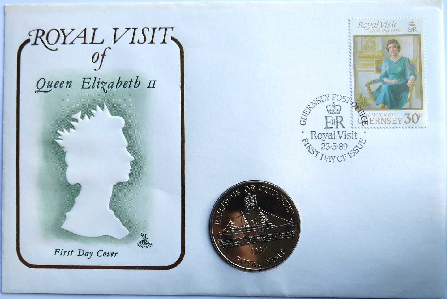 1989 Guernsey £2 Two Pound Coin Cover Royal Visit of Queen Elizabeth II