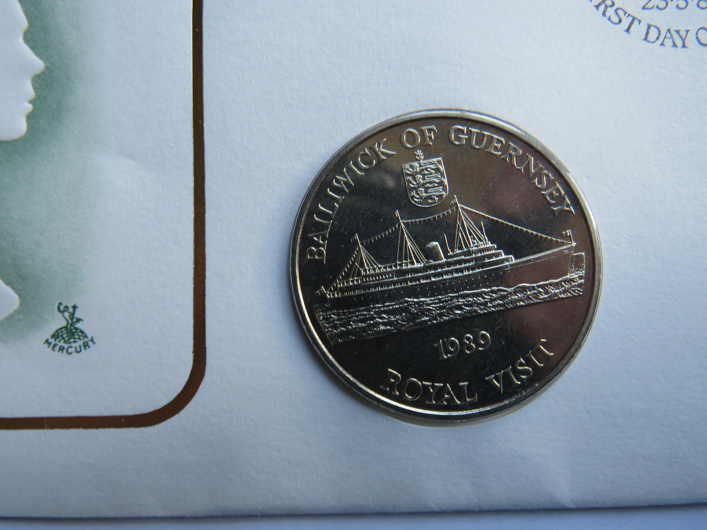 1989 Guernsey £2 Two Pound Coin Cover Royal Visit of Queen Elizabeth II