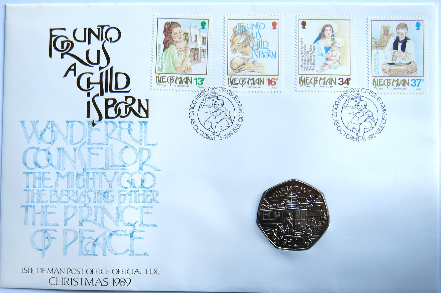 1989 Isle of Man Christmas 50p Fifty Pence Coin Cover