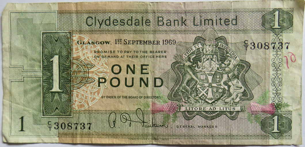 1969 Clydesdale Bank Limited £1 One Pound Banknote