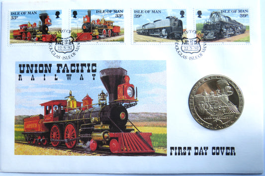 1992 Isle of Man One Crown Coin Cover Union Pacific Railway