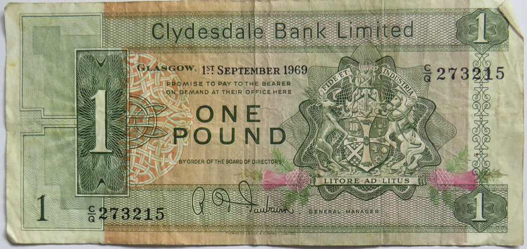 1969 Clydesdale Bank Limited £1 One Pound Banknote