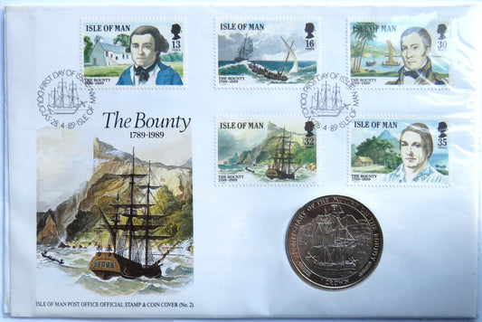 1989 Isle of Man One Crown Coin Cover The Bounty 1789-1989