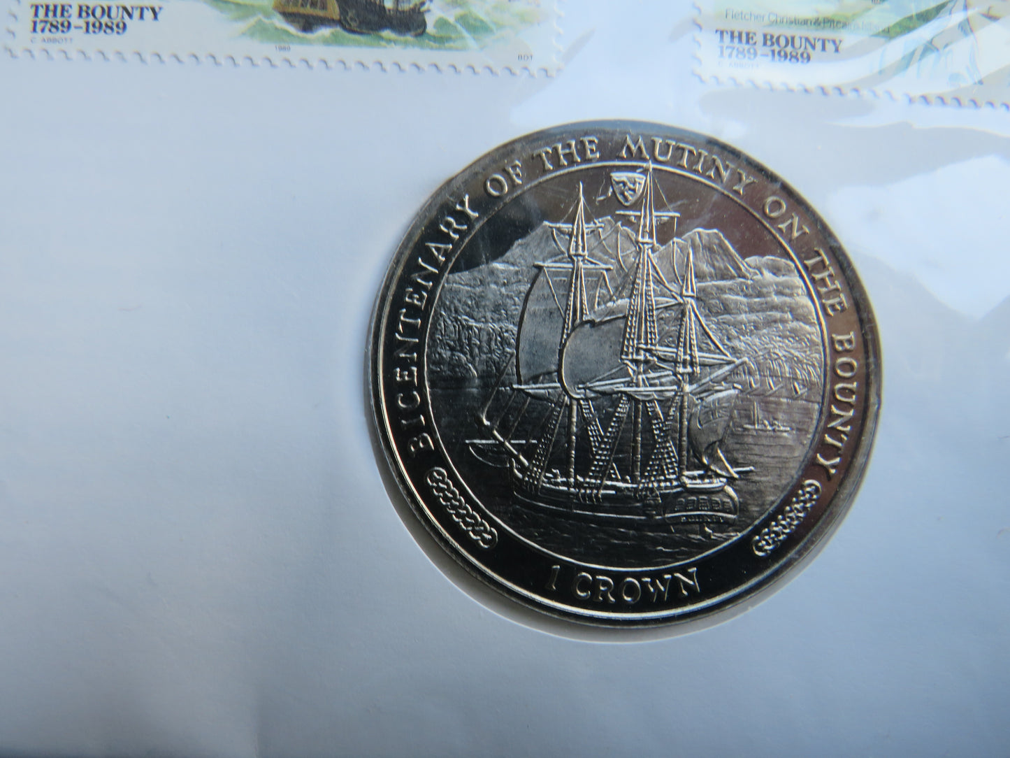 1989 Isle of Man One Crown Coin Cover The Bounty 1789-1989