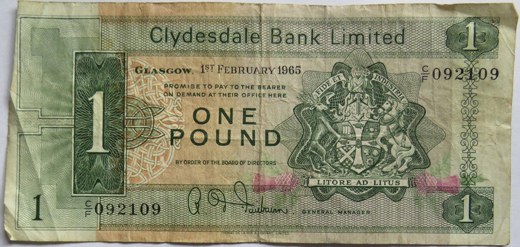 1965 Clydesdale Bank Limited £1 One Pound Banknote