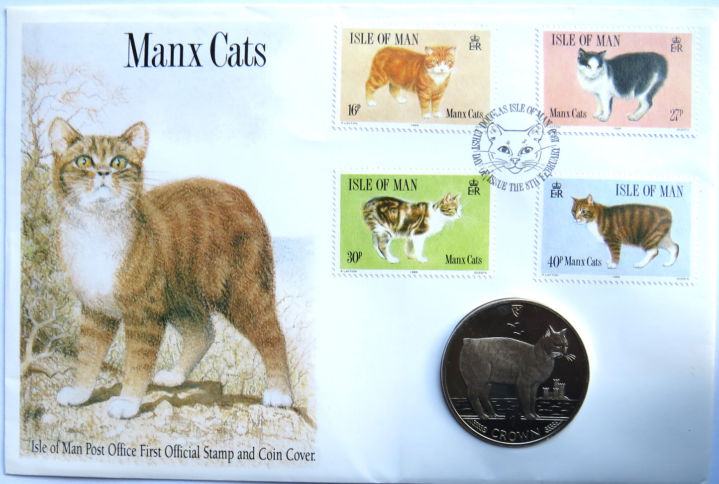 1989 Isle of Man One Crown Coin Cover Manx Cats