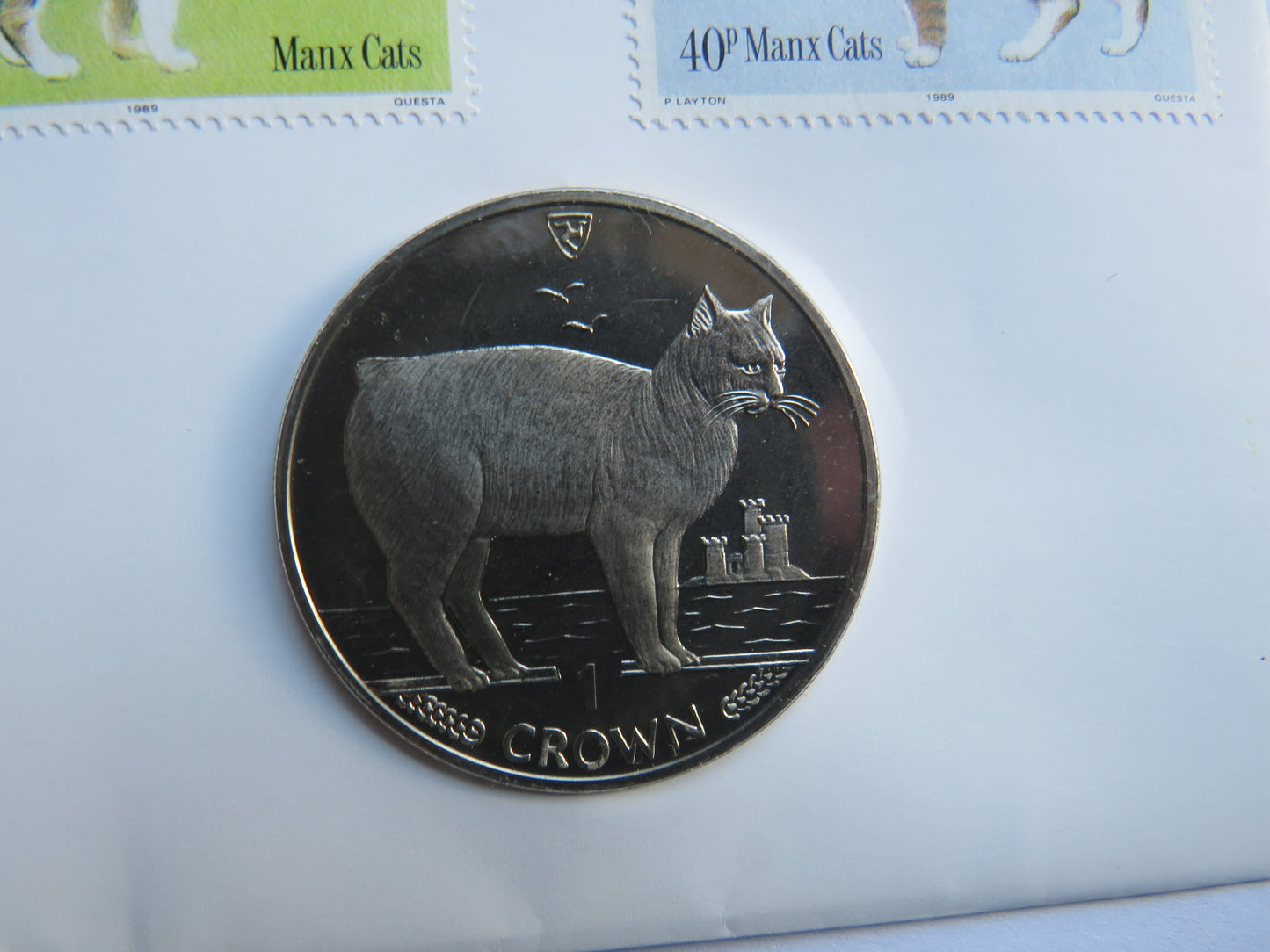 1989 Isle of Man One Crown Coin Cover Manx Cats