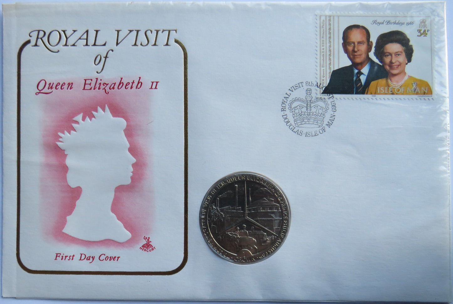 1989 Isle of Man One Crown Coin Cover Royal Visit of Queen Elizabeth II