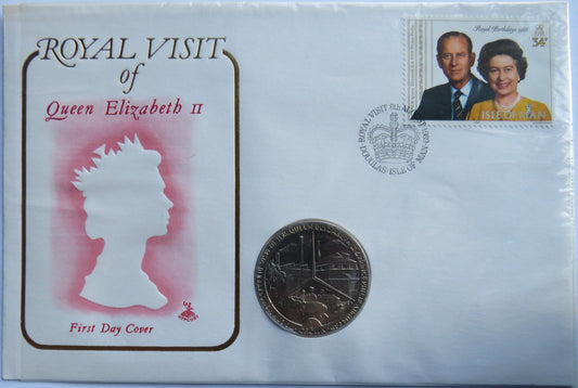 1989 Isle of Man One Crown Coin Cover Royal Visit of Queen Elizabeth II