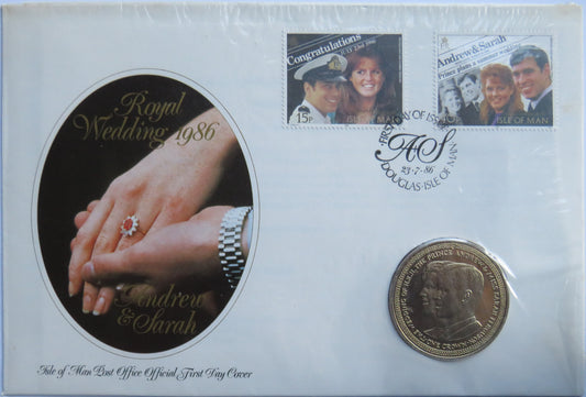 1986 Isle of Man One Crown Coin Cover Royal Wedding Andrew & Sarah