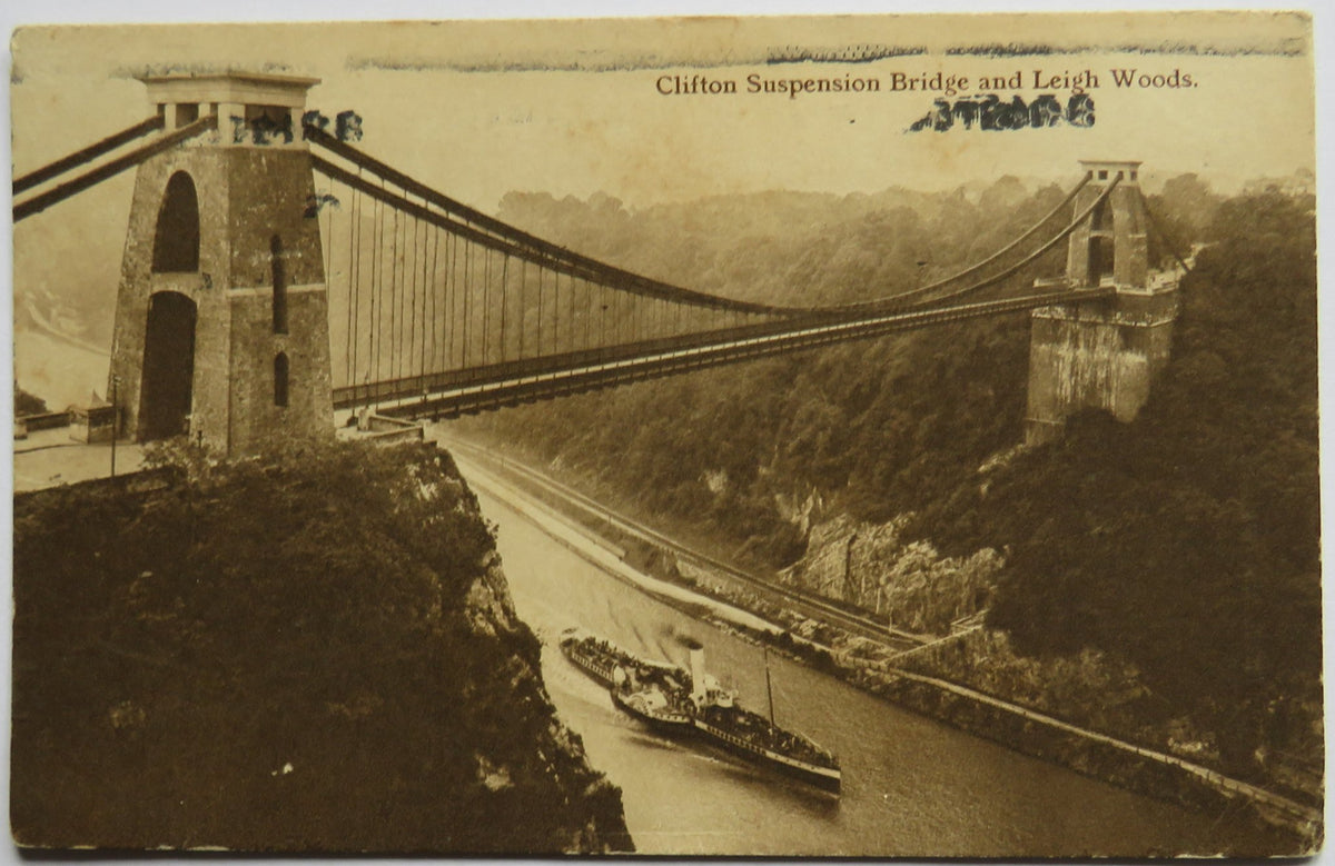 Vintage Postcard of Clifton Suspension Bridge and Leigh Woods, 1918