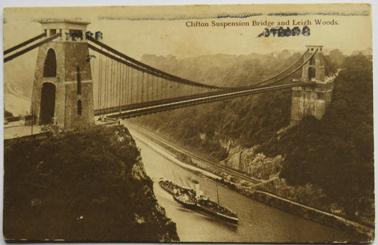 Vintage Postcard of Clifton Suspension Bridge and Leigh Woods, 1918
