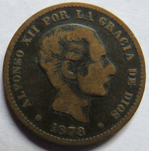 Load image into Gallery viewer, 1878 Spain 5 Centimos Coin
