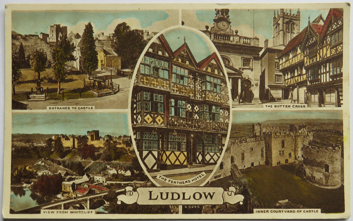 Vintage Multiview Postcard of Ludlow including The Feathers Hotel & Entrance to the Castle