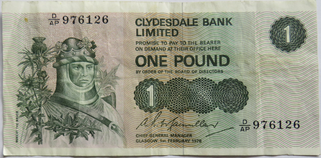 1978 Clydesdale Bank Limited £1 One Pound Banknote