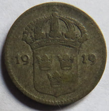 Load image into Gallery viewer, 1919 Sweden Silver 10 Ore Coin
