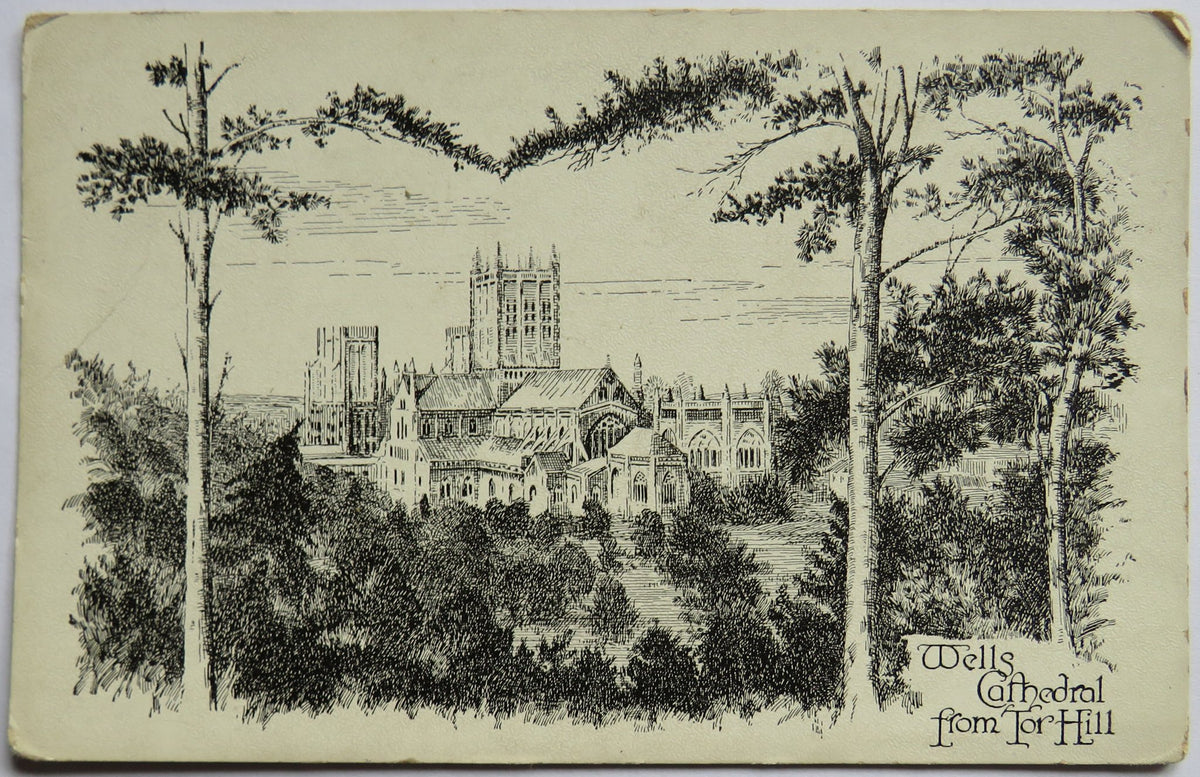 Vintage Postcard of Wells Cathedral from Tor Hill - Etchette Series