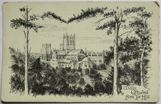 Vintage Postcard of Wells Cathedral from Tor Hill - Etchette Series