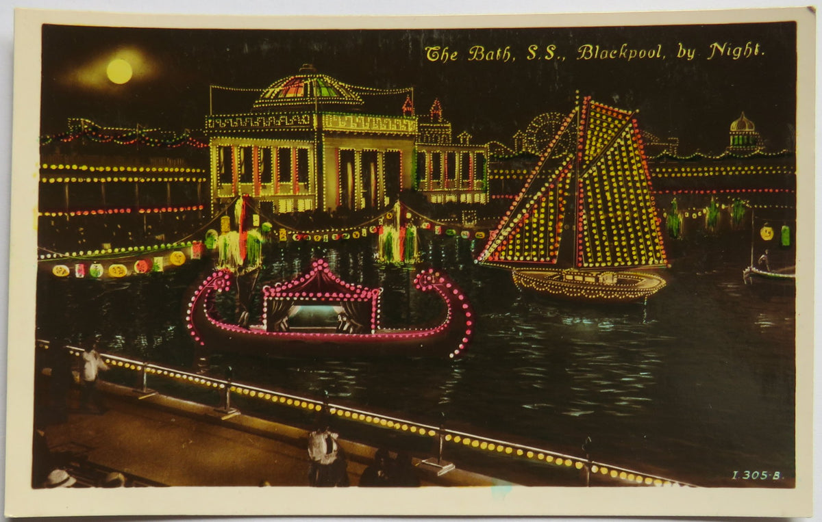Vintage Postcard of The Bath, S.S. Blackpool by Night - The Advance Series