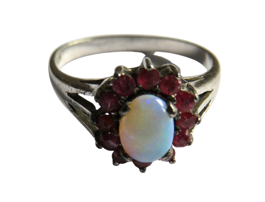Nice Vintage Sterling Silver, Opal & Red Stone Ladies Ring Size P