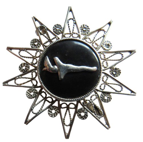 Vintage White Metal Filigree Brooch With Arabic Marks On Reverse