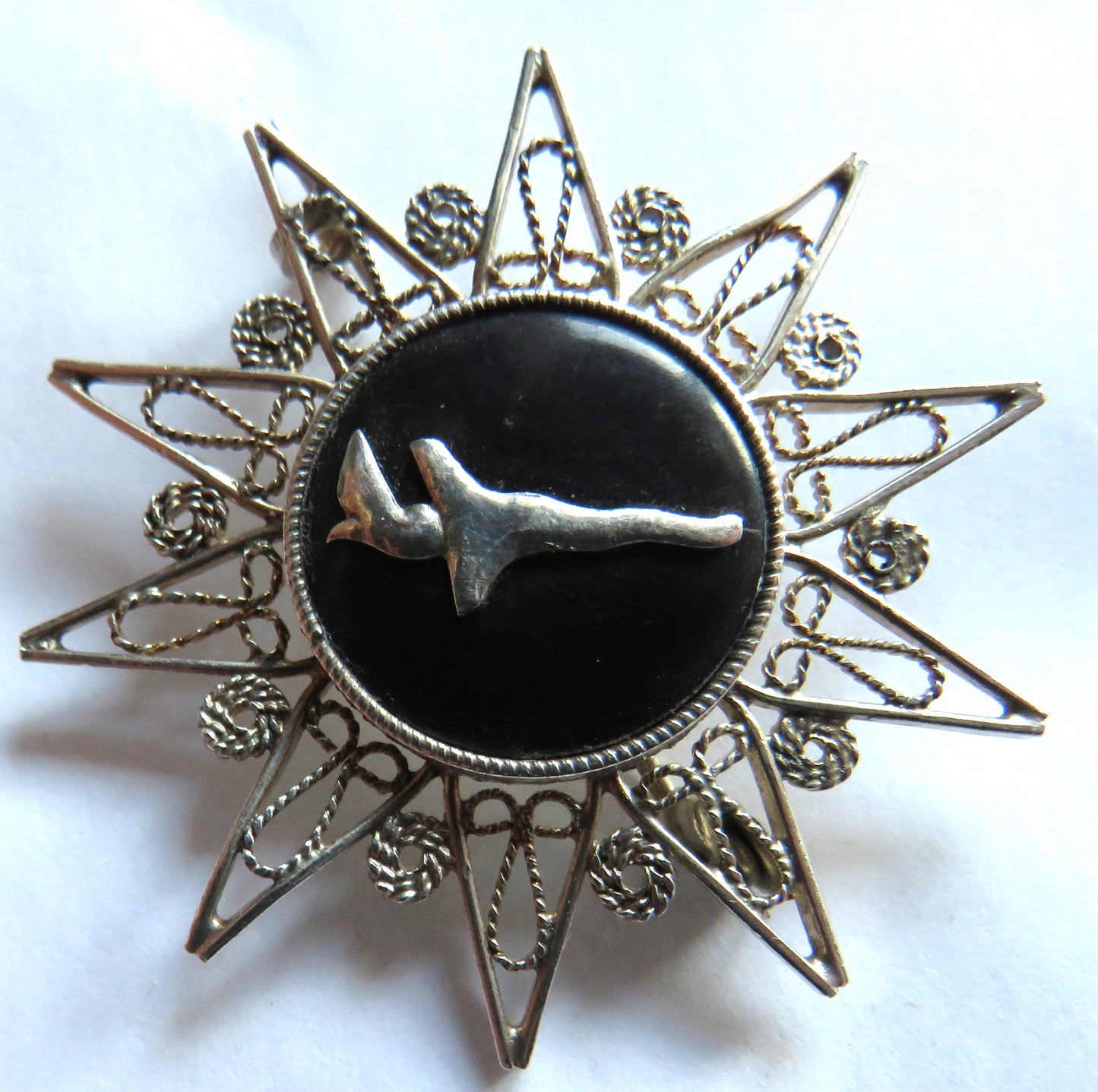 Vintage White Metal Filigree Brooch With Arabic Marks On Reverse