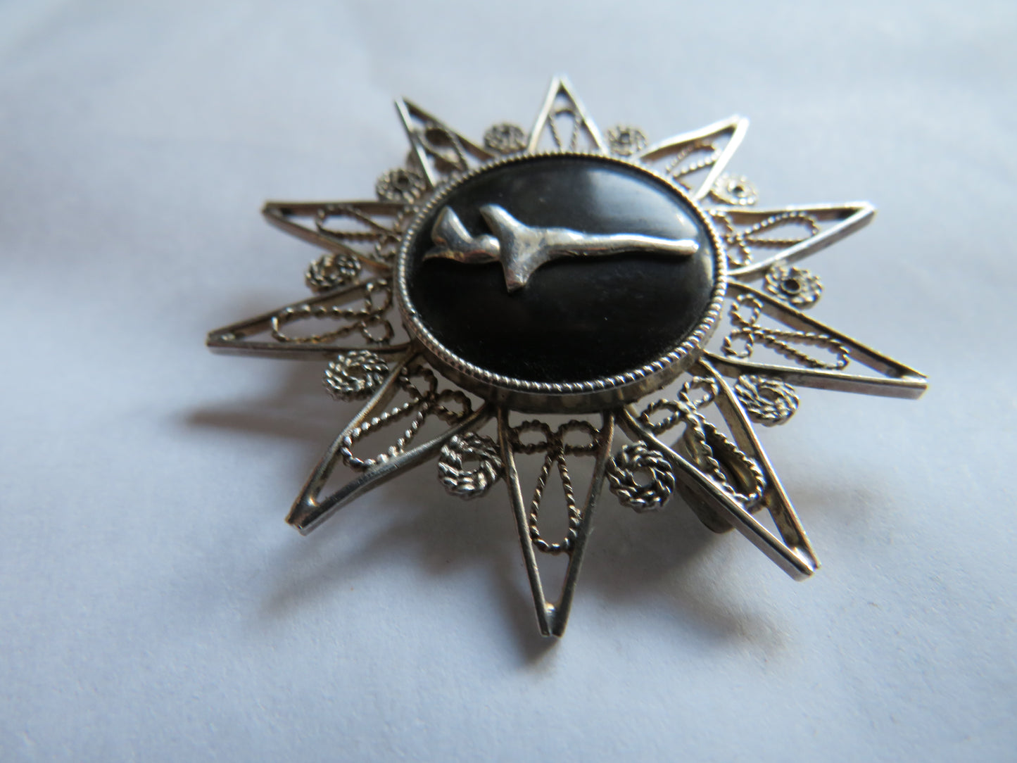 Vintage White Metal Filigree Brooch With Arabic Marks On Reverse