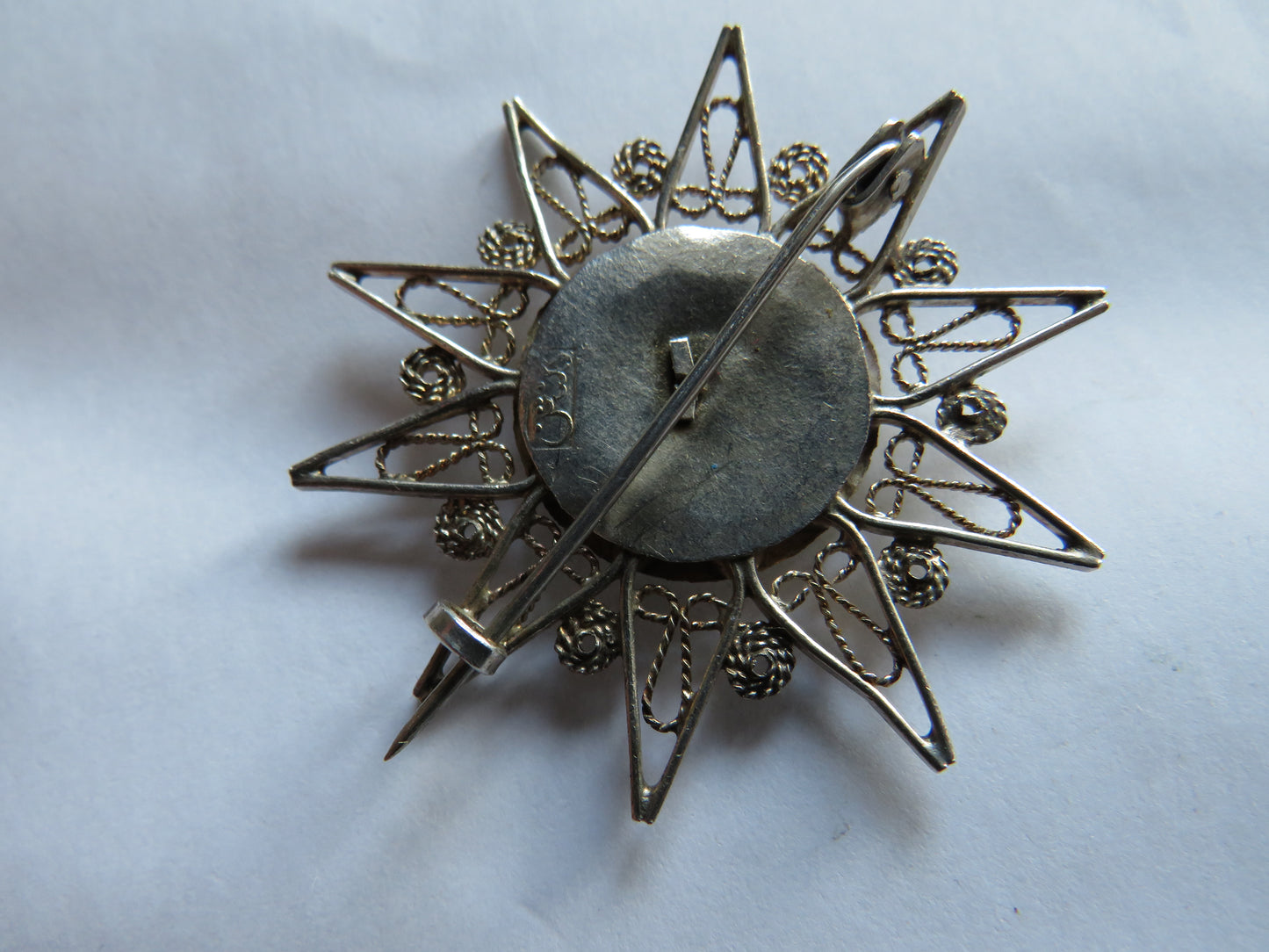 Vintage White Metal Filigree Brooch With Arabic Marks On Reverse