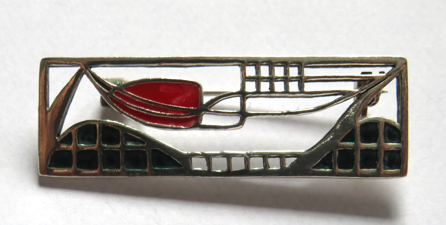 Vintage Sterling Silver & Enamel Ladies Brooch In Mackintosh Style